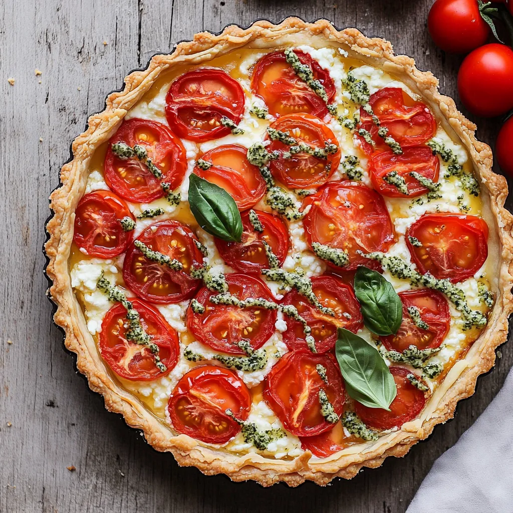 A pizza with tomatoes and basil.