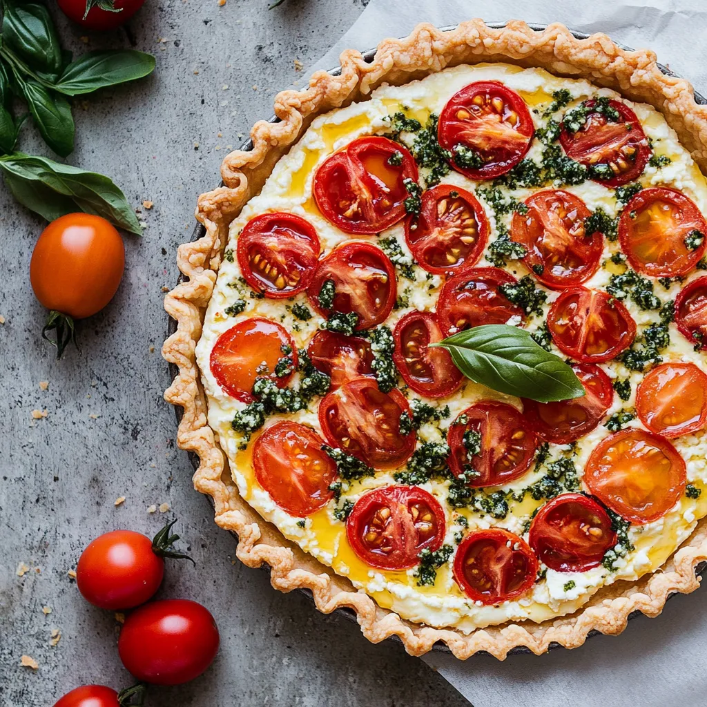 A pizza with tomatoes and basil.