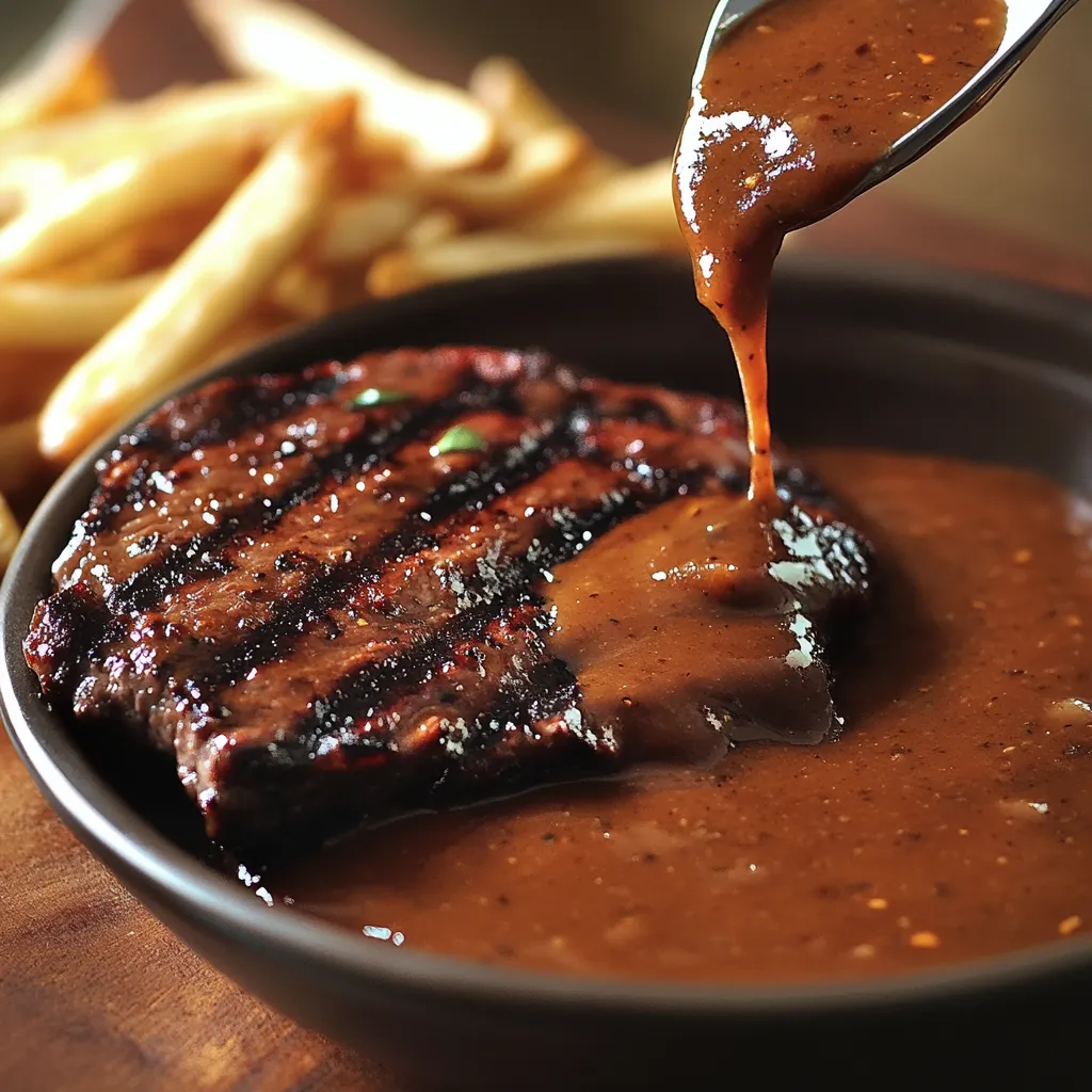 A bowl of steak with gravy.