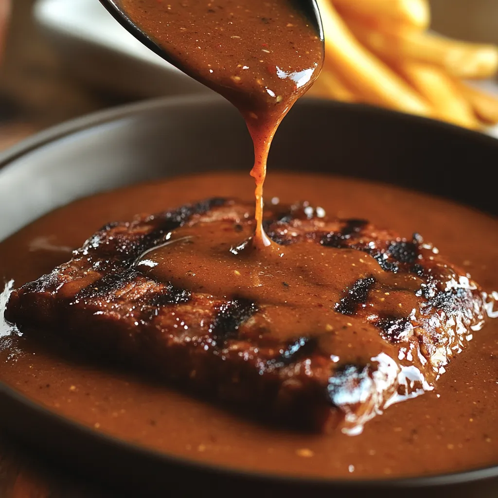 A spoon is dipping into a bowl of sauce.