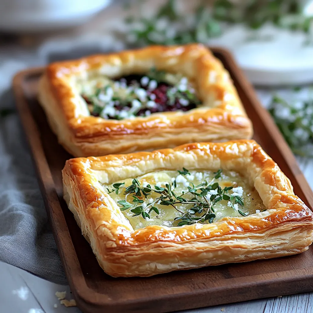 Two small tarts with berries and cheese on a wooden tray.