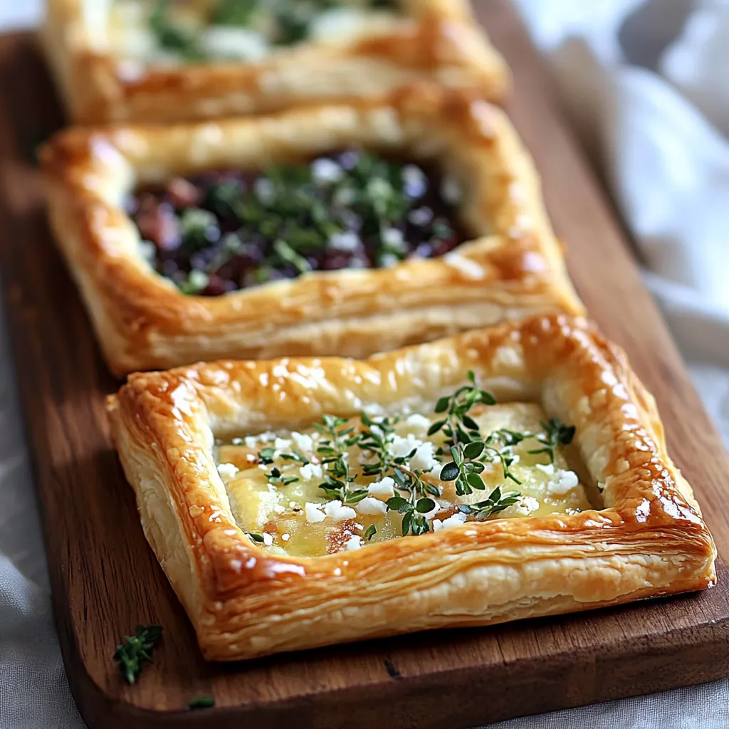Four small pastries on a wooden board.