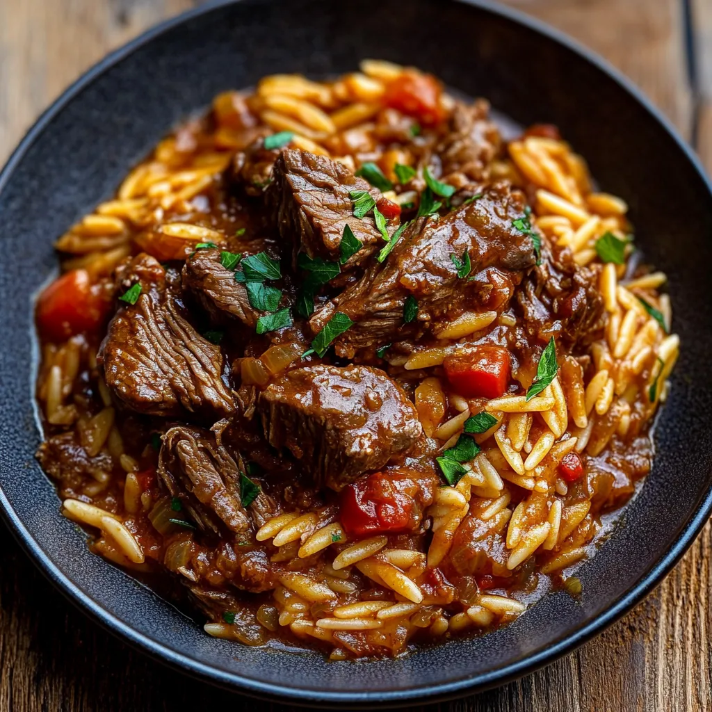 A bowl of beef stew with rice and vegetables.