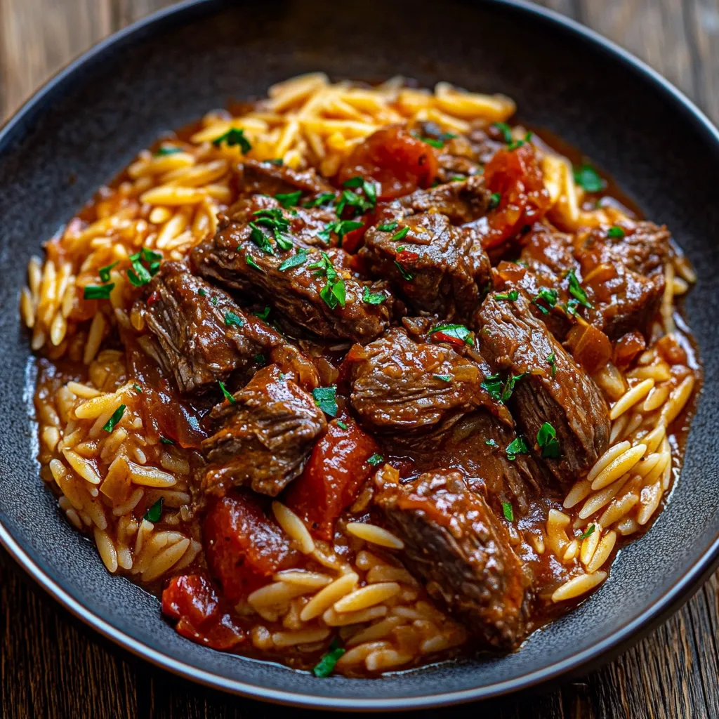 A bowl of beef stew with noodles.