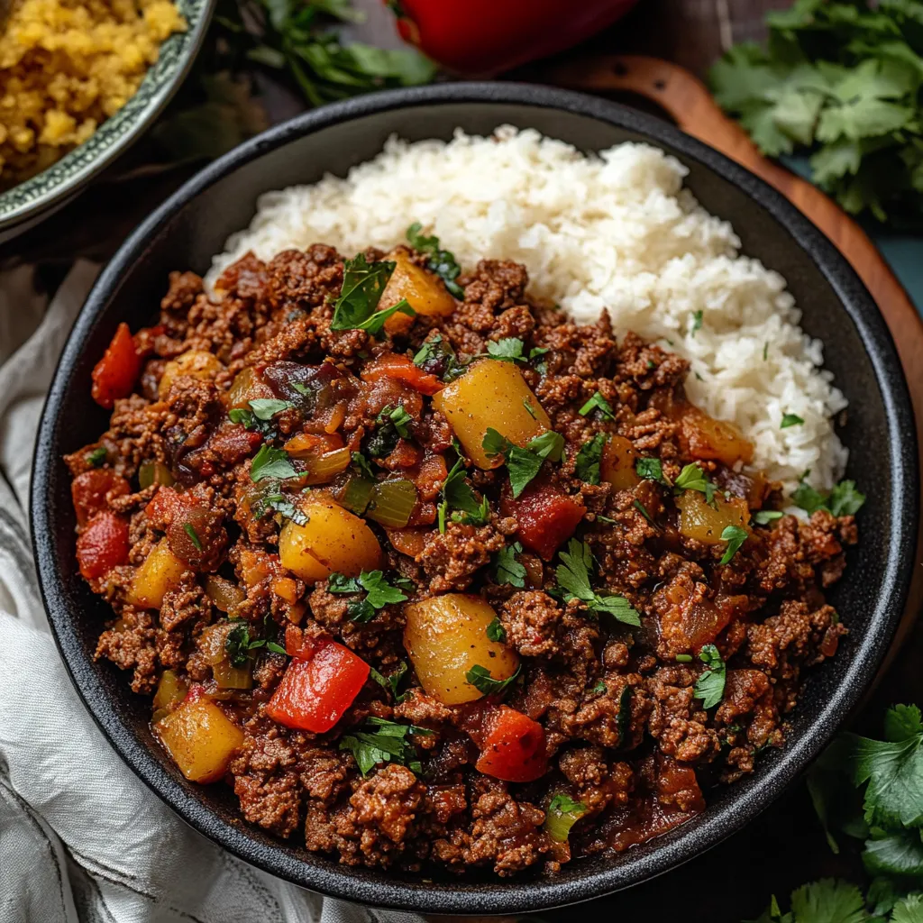 A bowl of beef stew with rice.