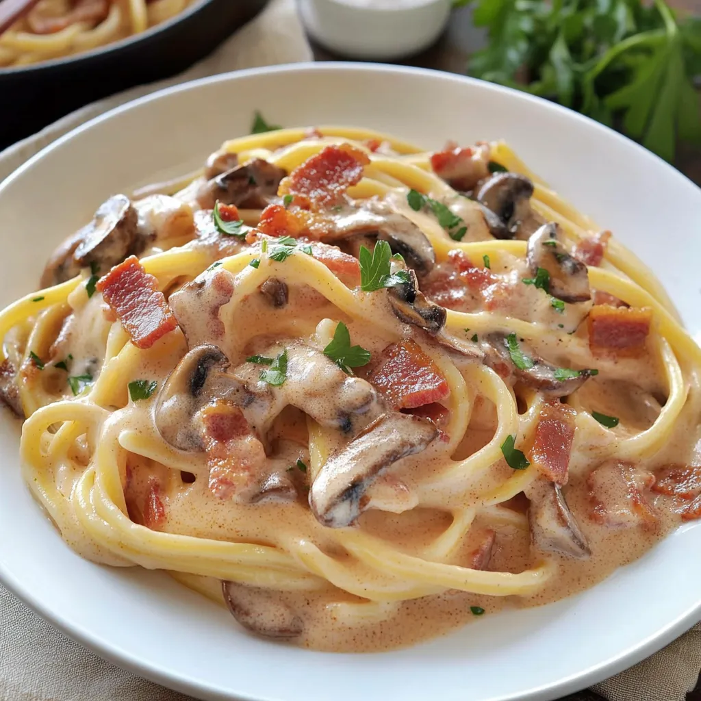 A plate of pasta with mushrooms and bacon.