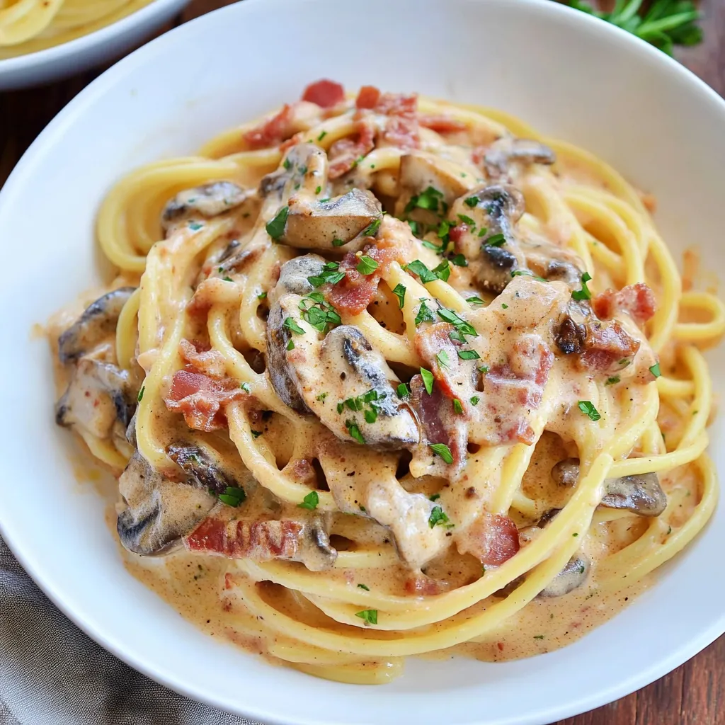 A bowl of pasta with mushrooms and bacon.