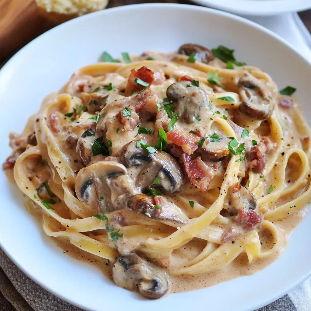 A plate of pasta with mushrooms and bacon.