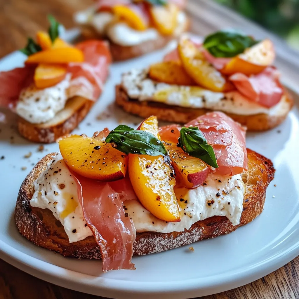 A plate of toasted bread with peaches and cheese.