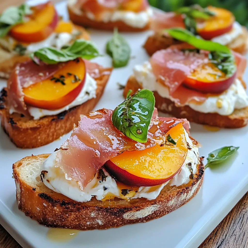 A plate of toast with peaches and ham on top.