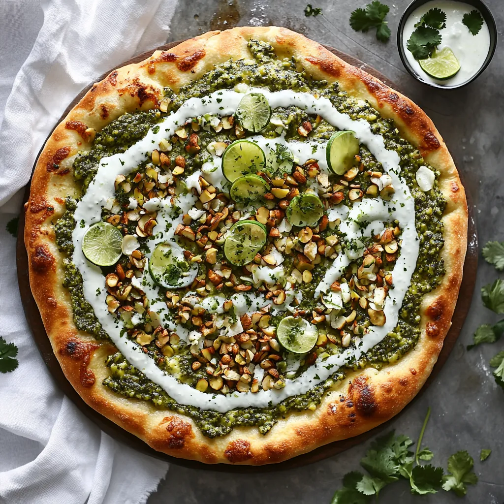 A pizza with green toppings and white sauce.