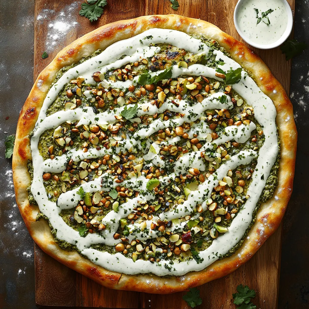 A pizza with white sauce and nuts on top.