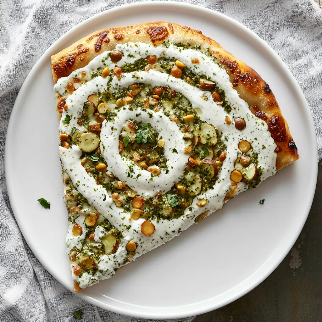 A slice of pizza with white sauce and toppings.