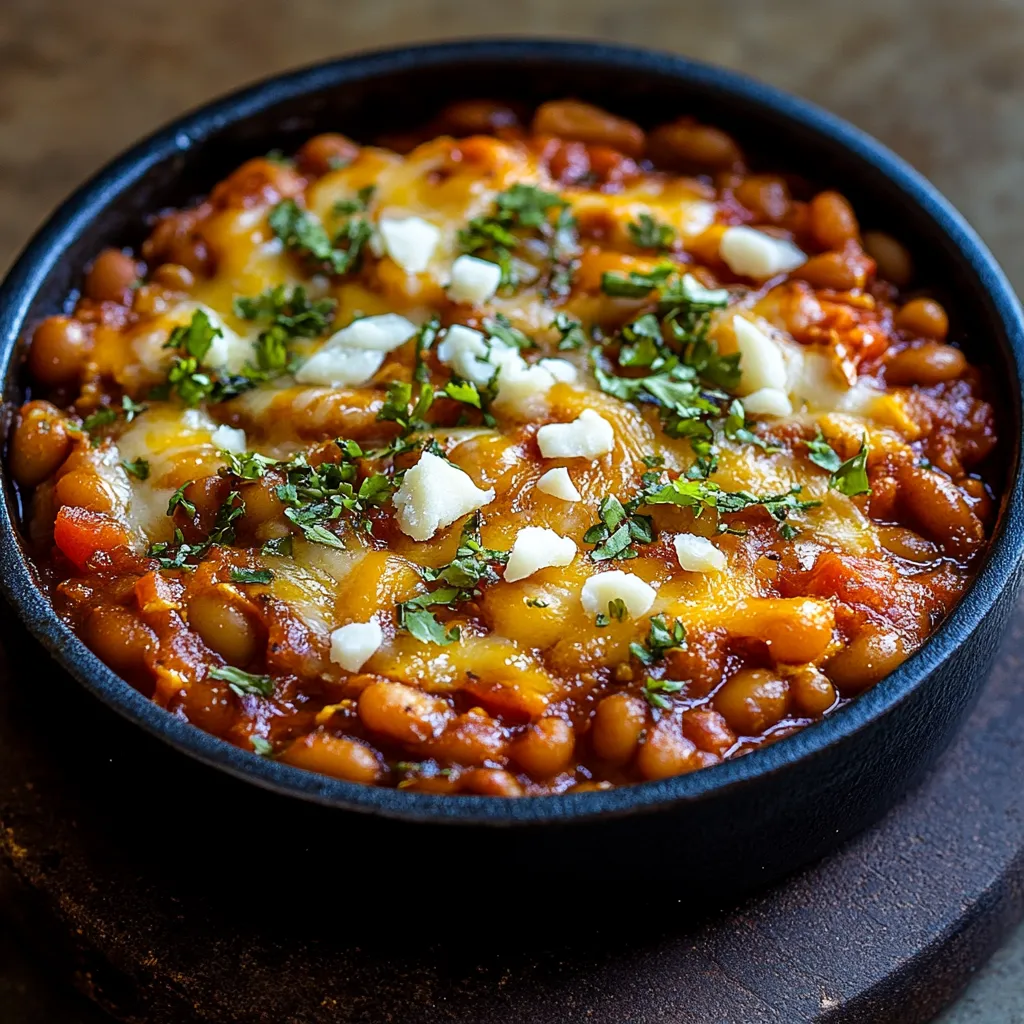 A bowl of beans with cheese and herbs.