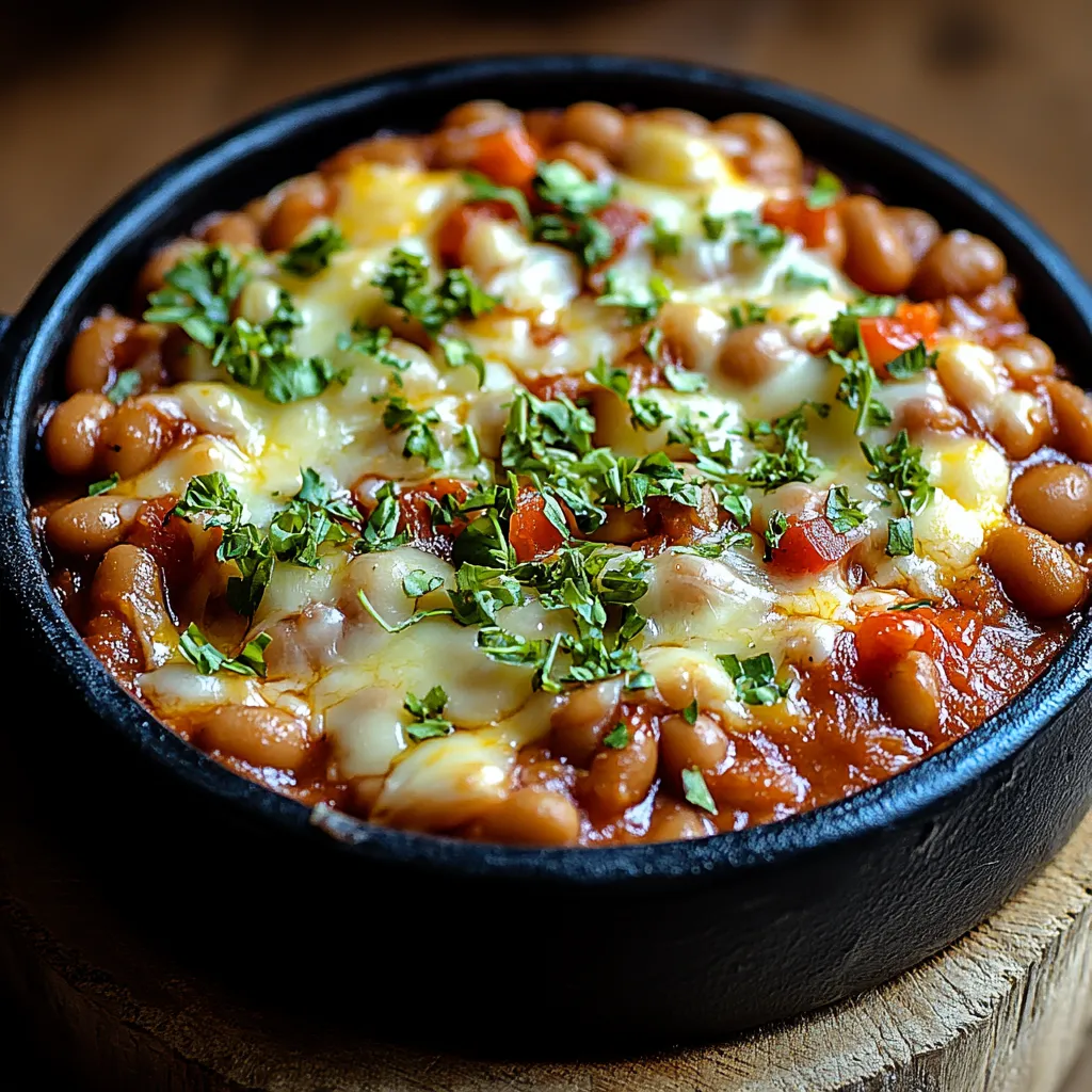 A bowl of beans with cheese and herbs.