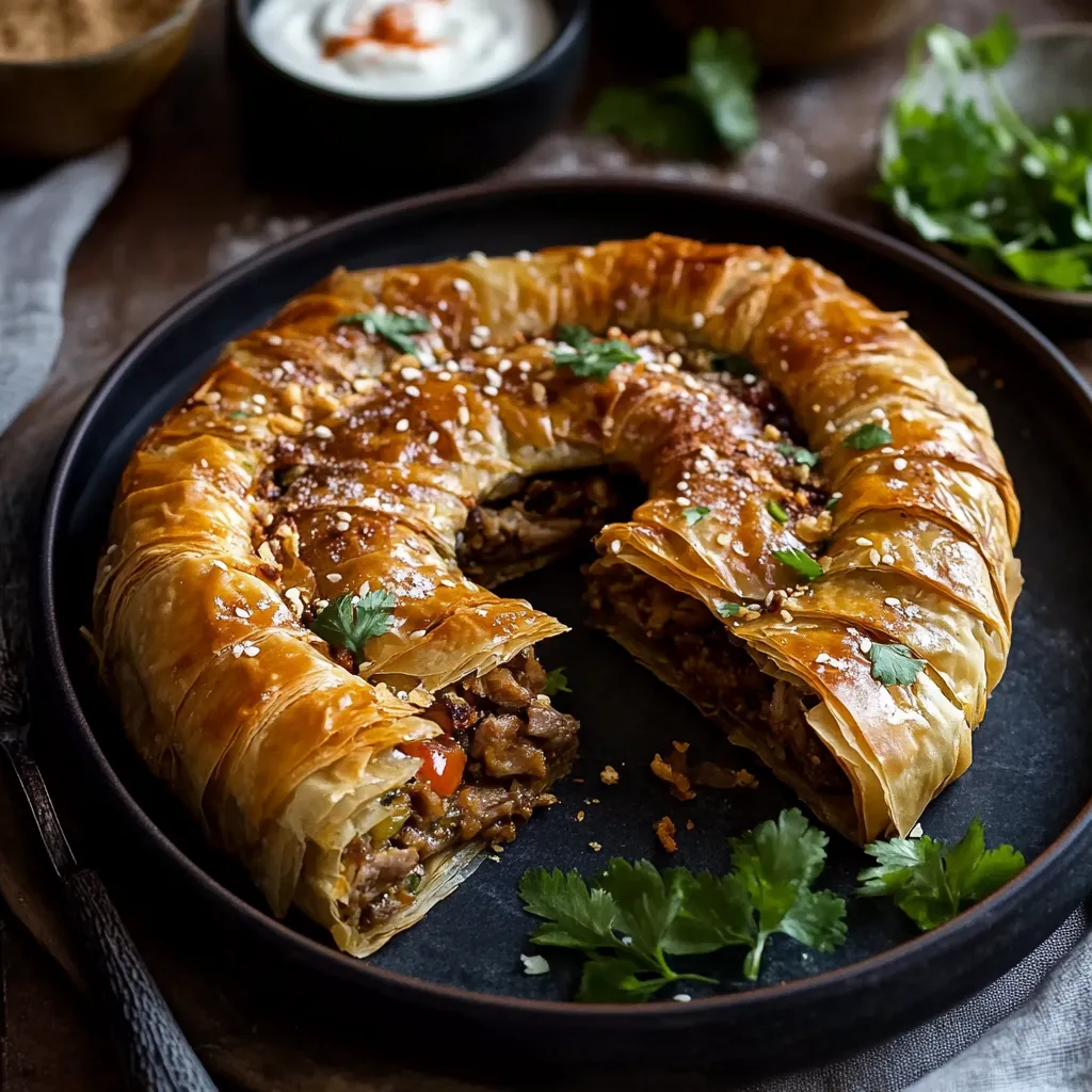 A pastry with meat and cheese inside.