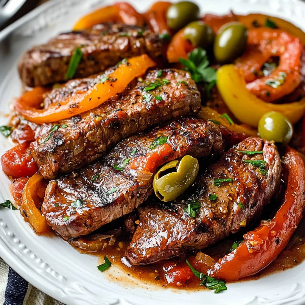 A plate of steak with peppers and olives.