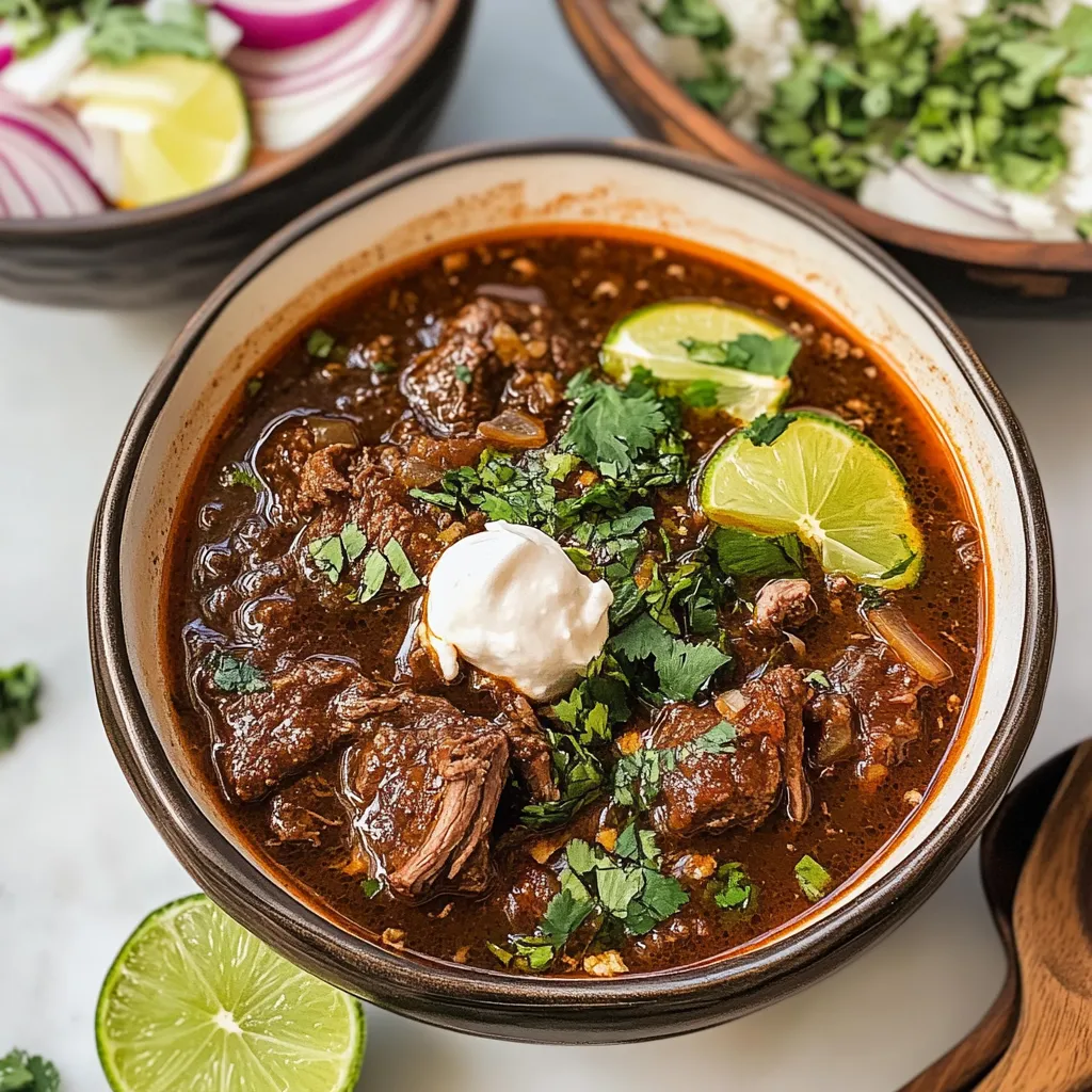 A bowl of soup with meat and lime.