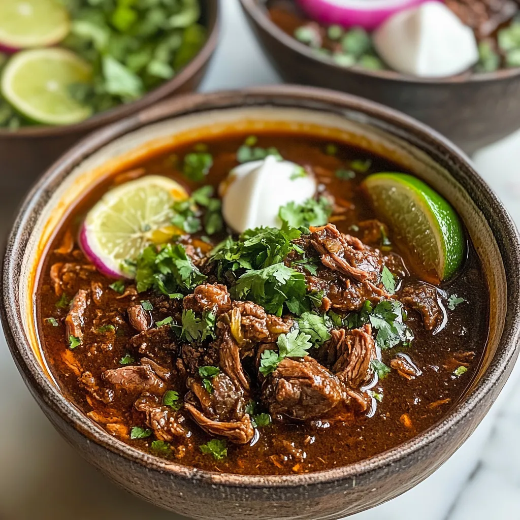 A bowl of soup with a lime wedge on top.