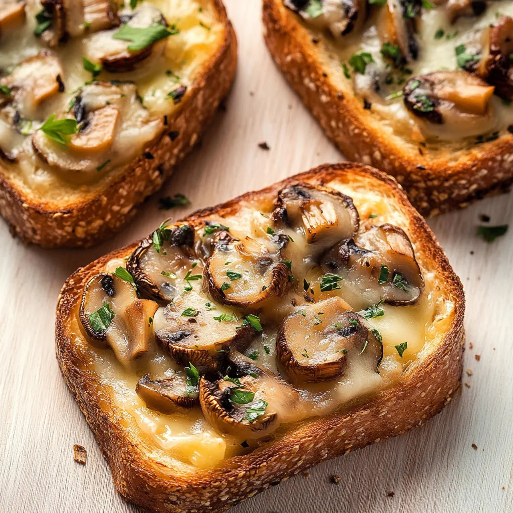 Two pieces of bread with mushrooms on top.