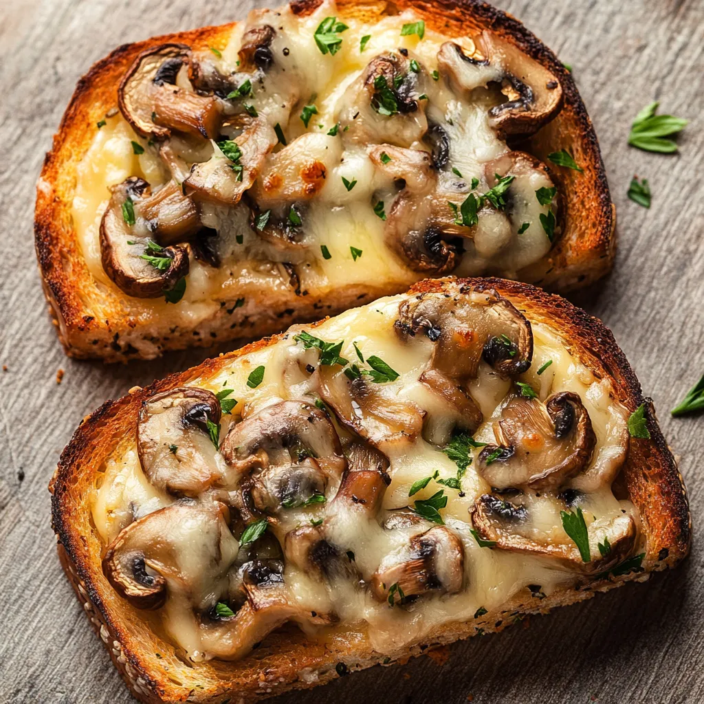 Two pieces of toast with mushrooms on top.