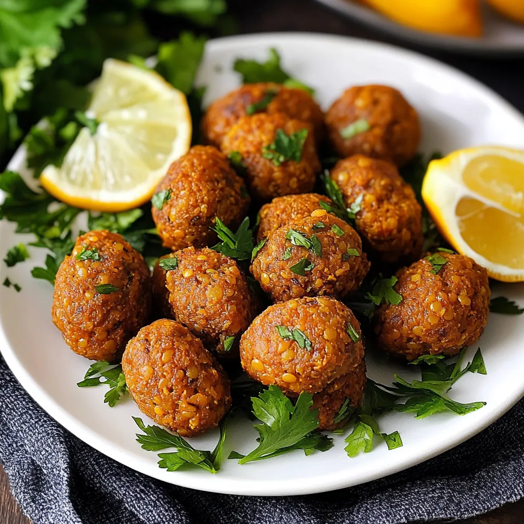 A plate of meatballs with a lemon wedge on the side.