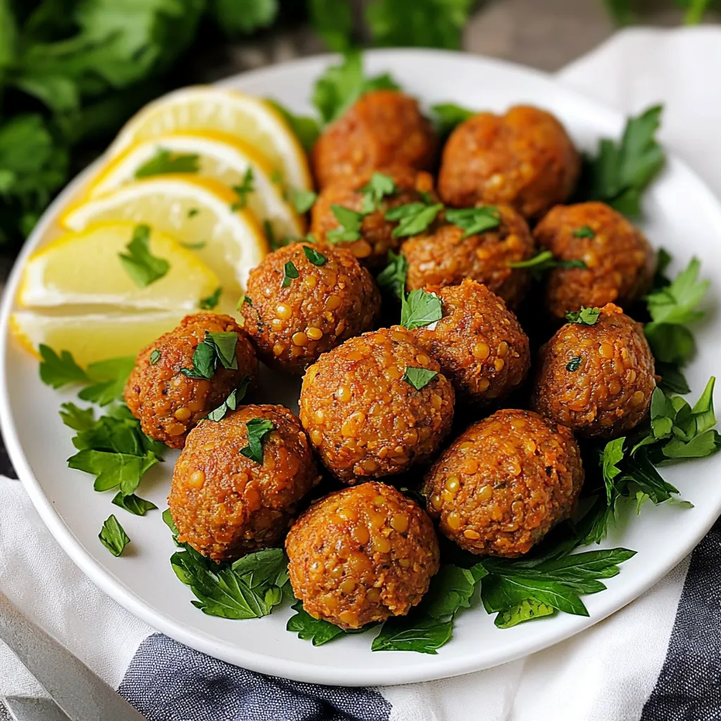 A plate of meatballs with a lemon wedge on the side.