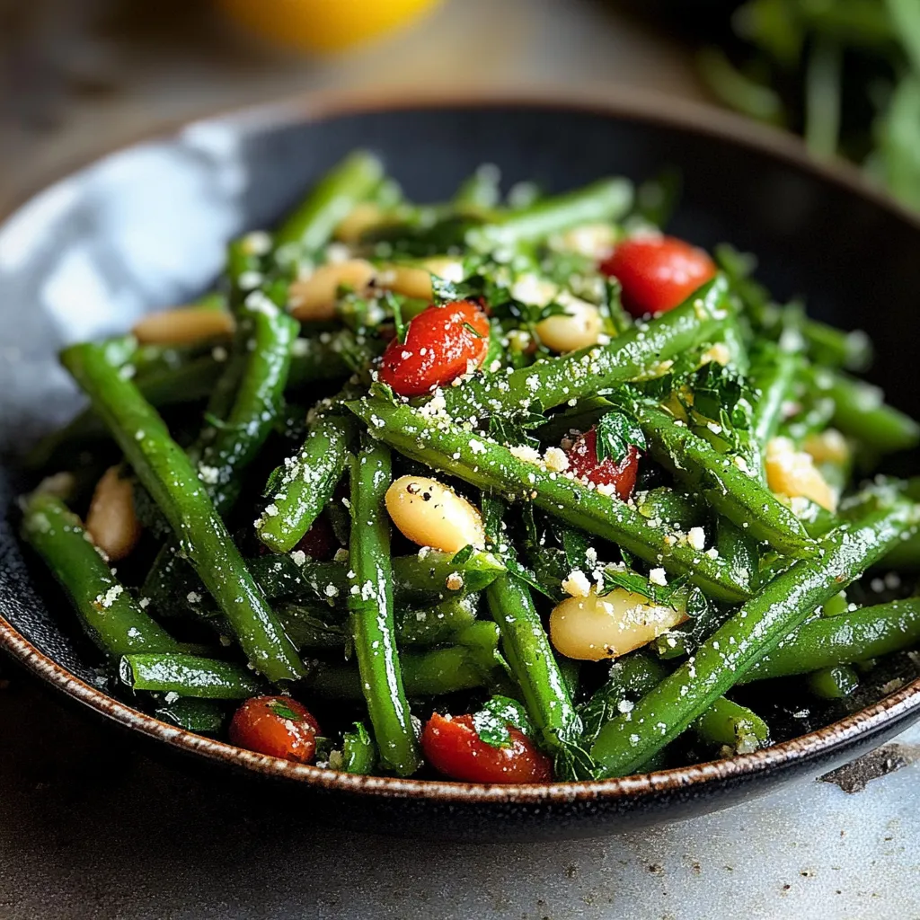 A bowl of green beans with tomatoes and cheese.