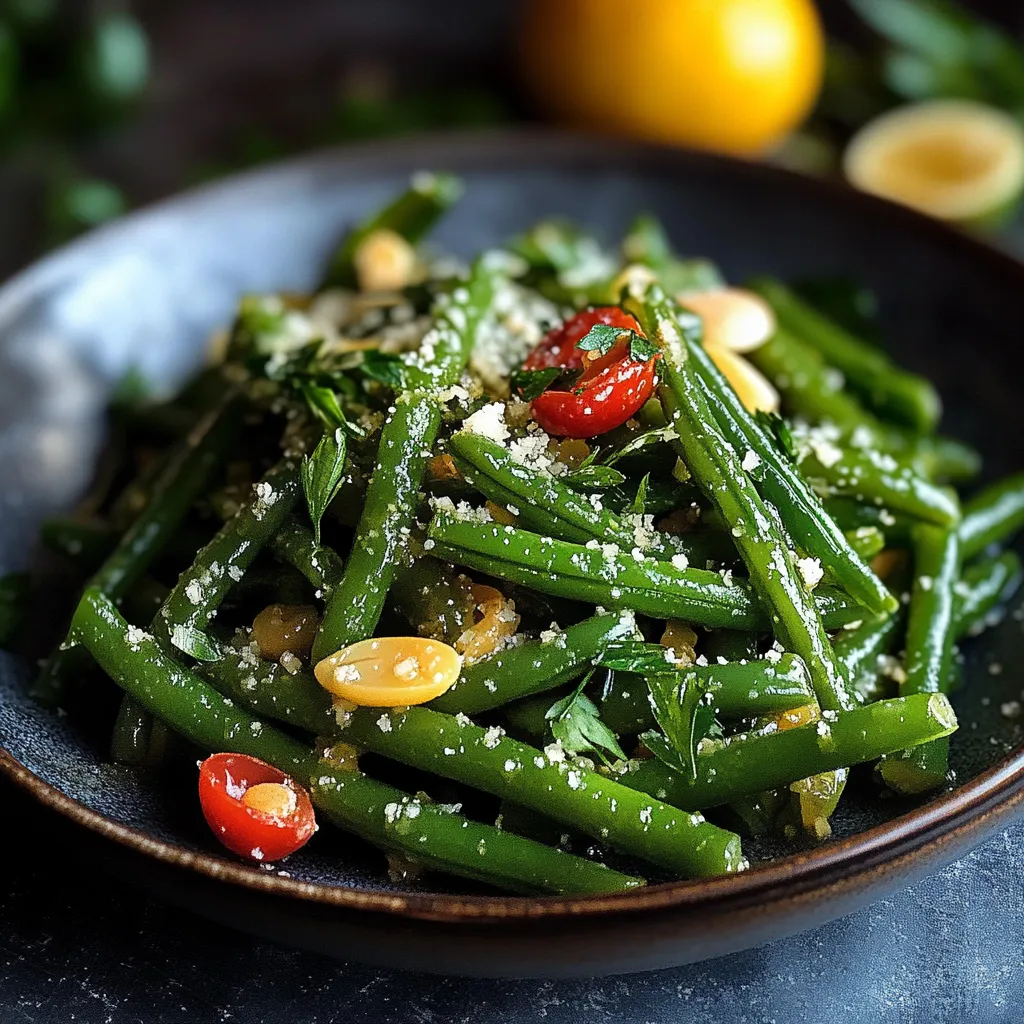 A plate of green beans with cheese and nuts.