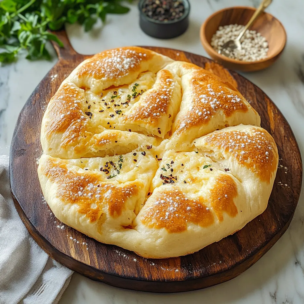 A baked bread with white cheese and herbs on top.