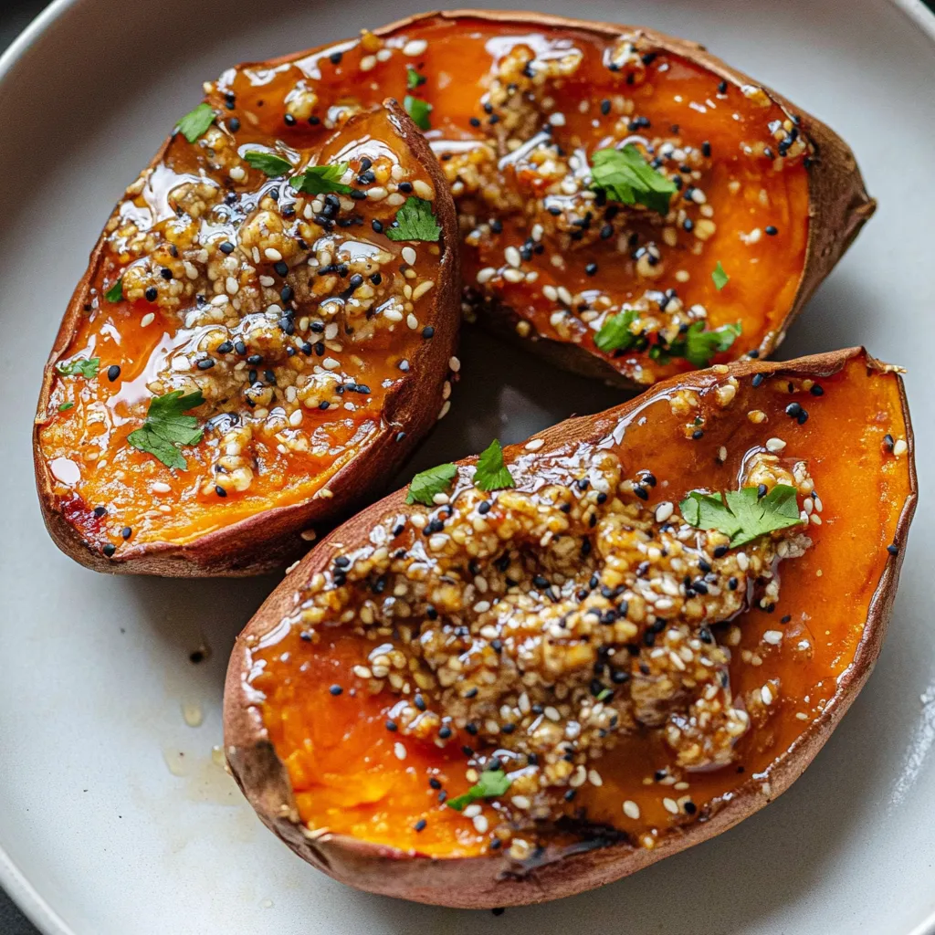 Two sliced sweet potatoes with seasoning on a plate.