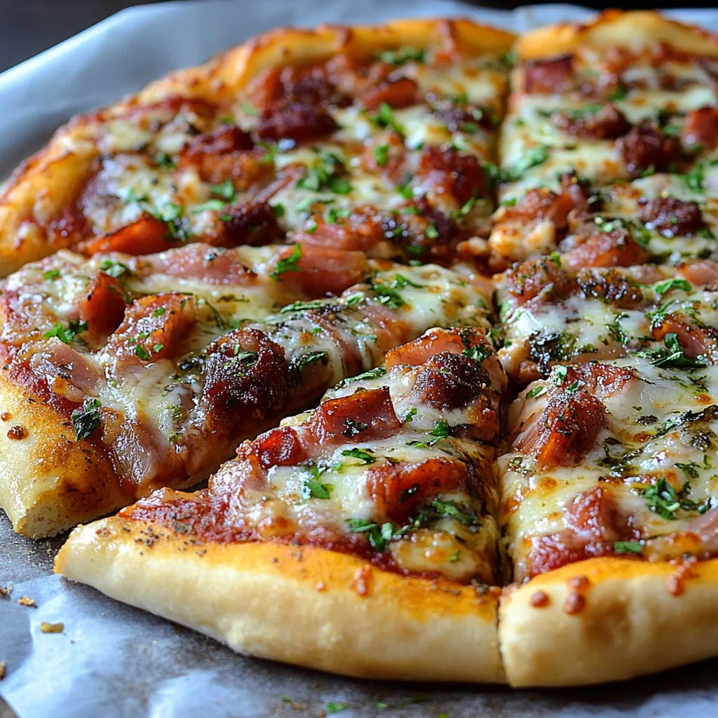 A pizza with meat and cheese on a pan.
