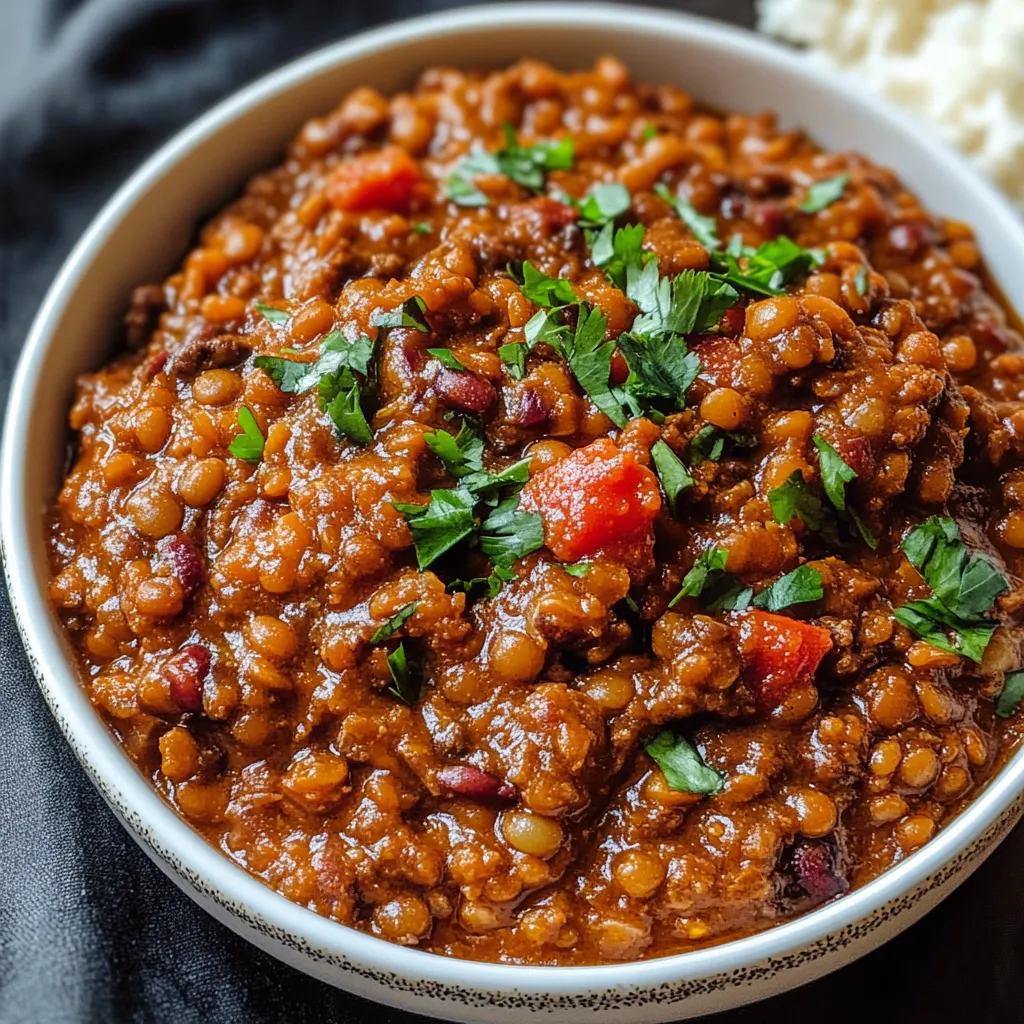 A bowl of chili with tomatoes and green herbs.
