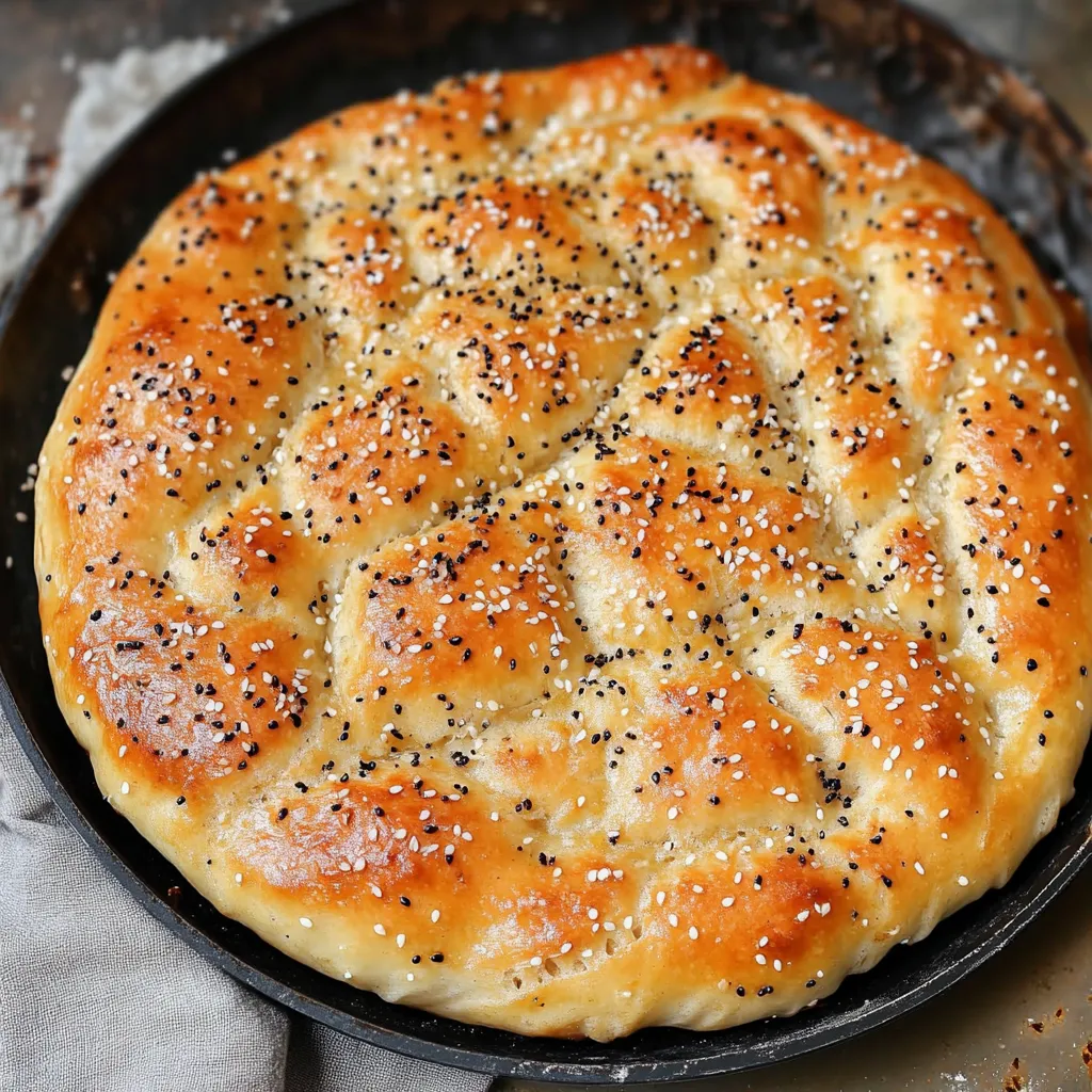 A pan of bread with sesame seeds.