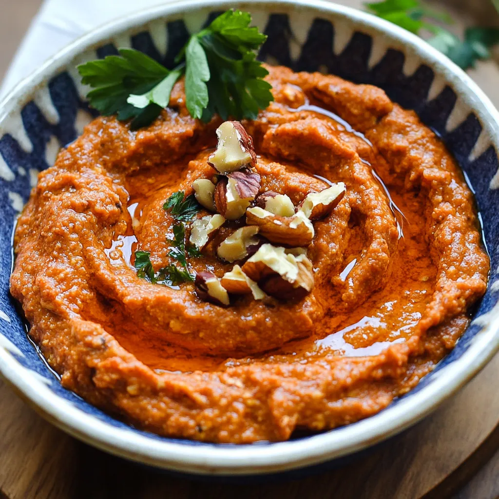 A bowl of red dip with nuts on top.