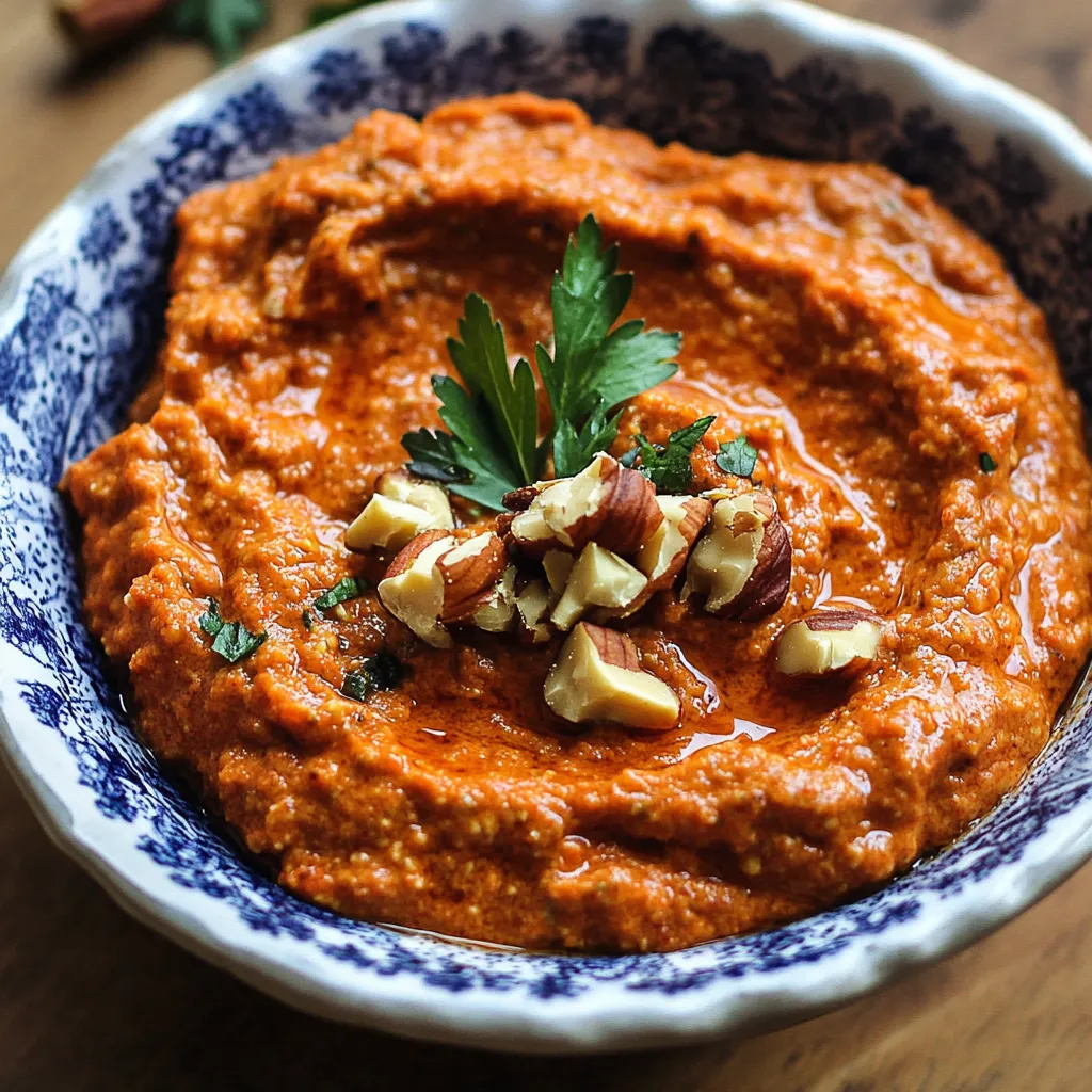 A bowl of red dip with nuts on top.