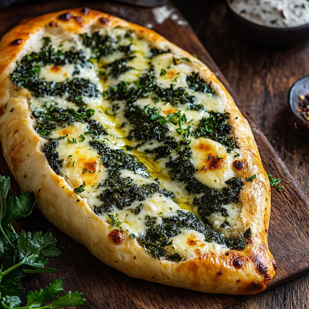 A pizza with spinach and cheese.