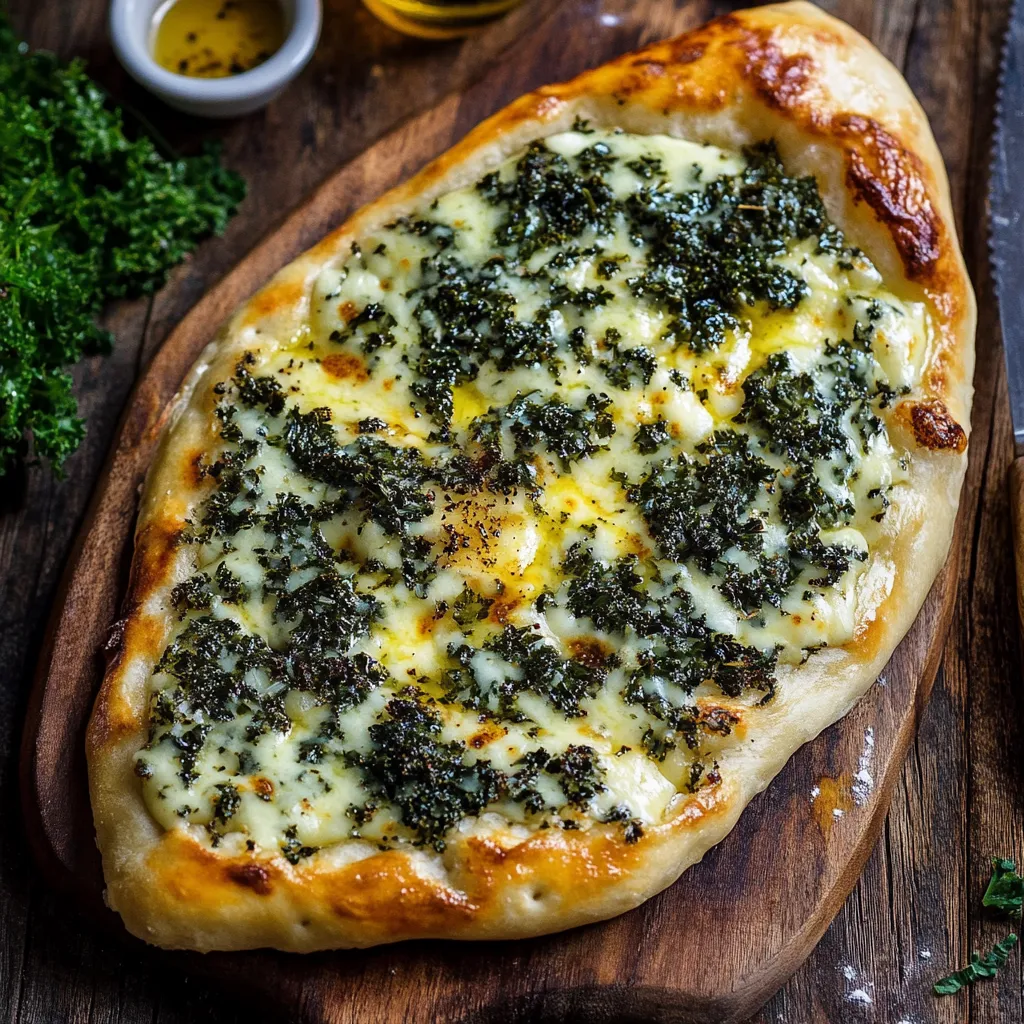 A pizza with cheese and spinach on a wooden board.