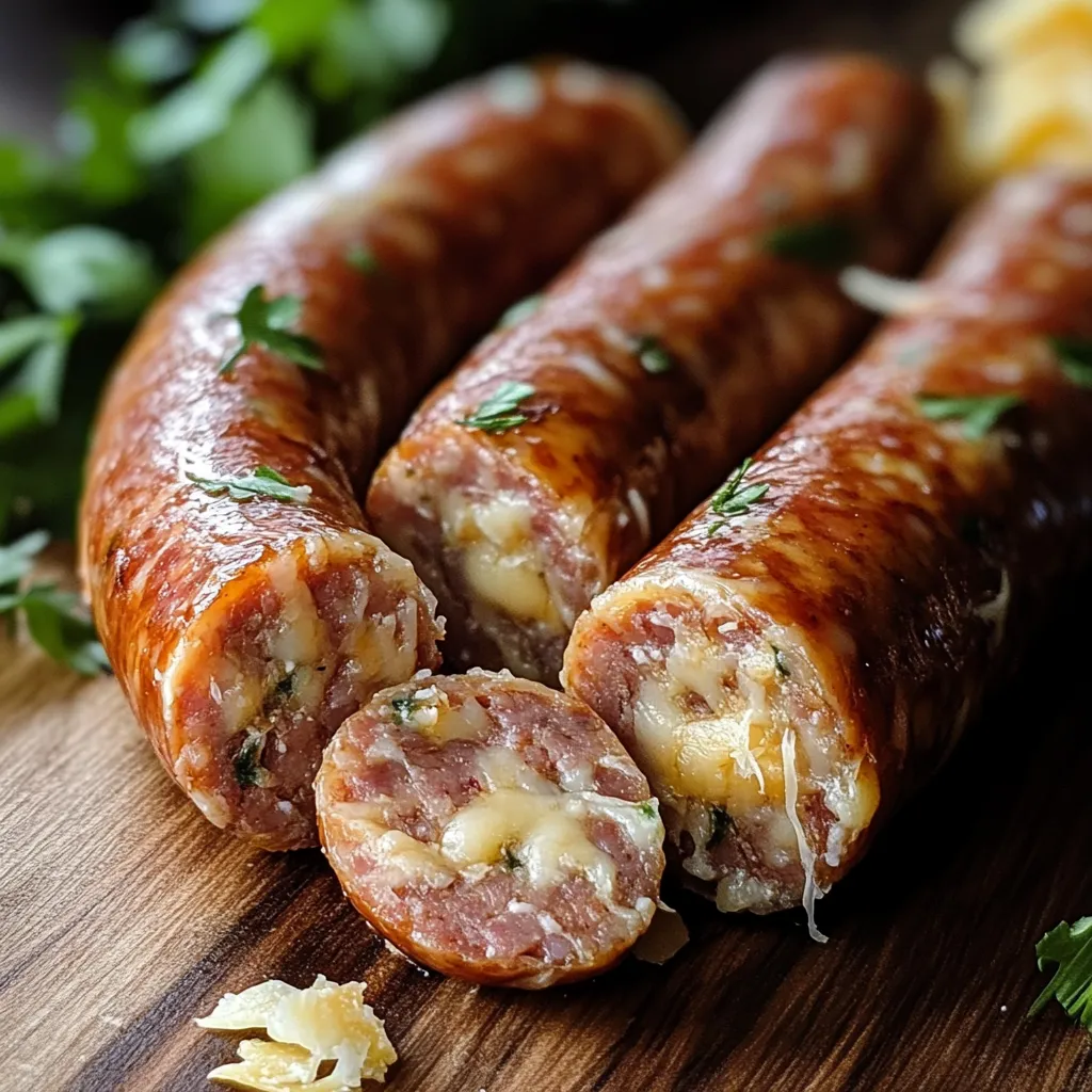 Three sausages with cheese on a wooden table.