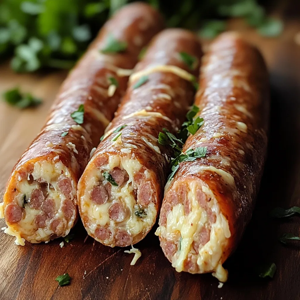 Three sausages on a wooden table.