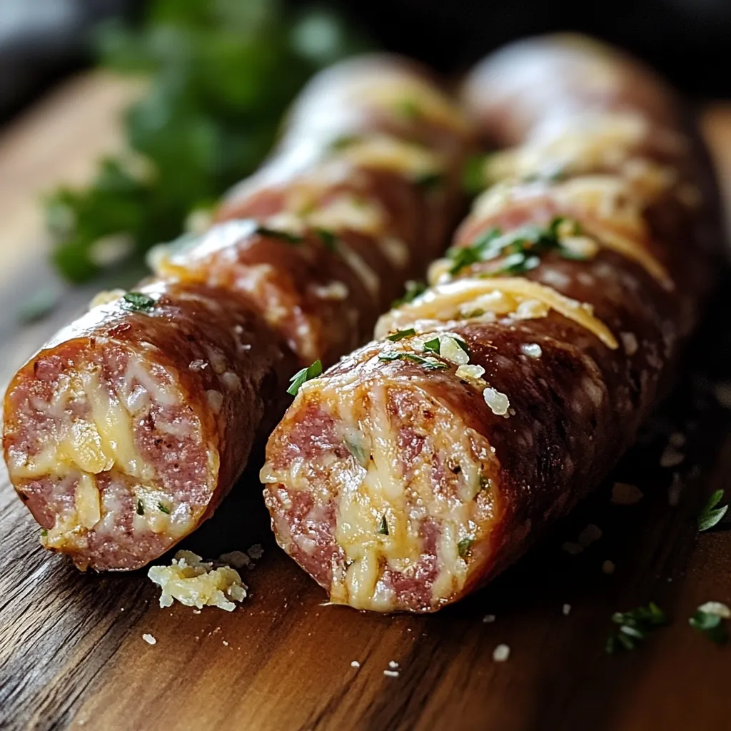 Two sausages with cheese on a wooden table.