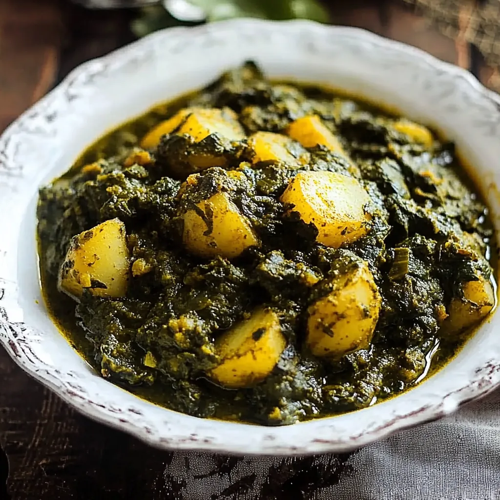 A bowl of green soup with potatoes.