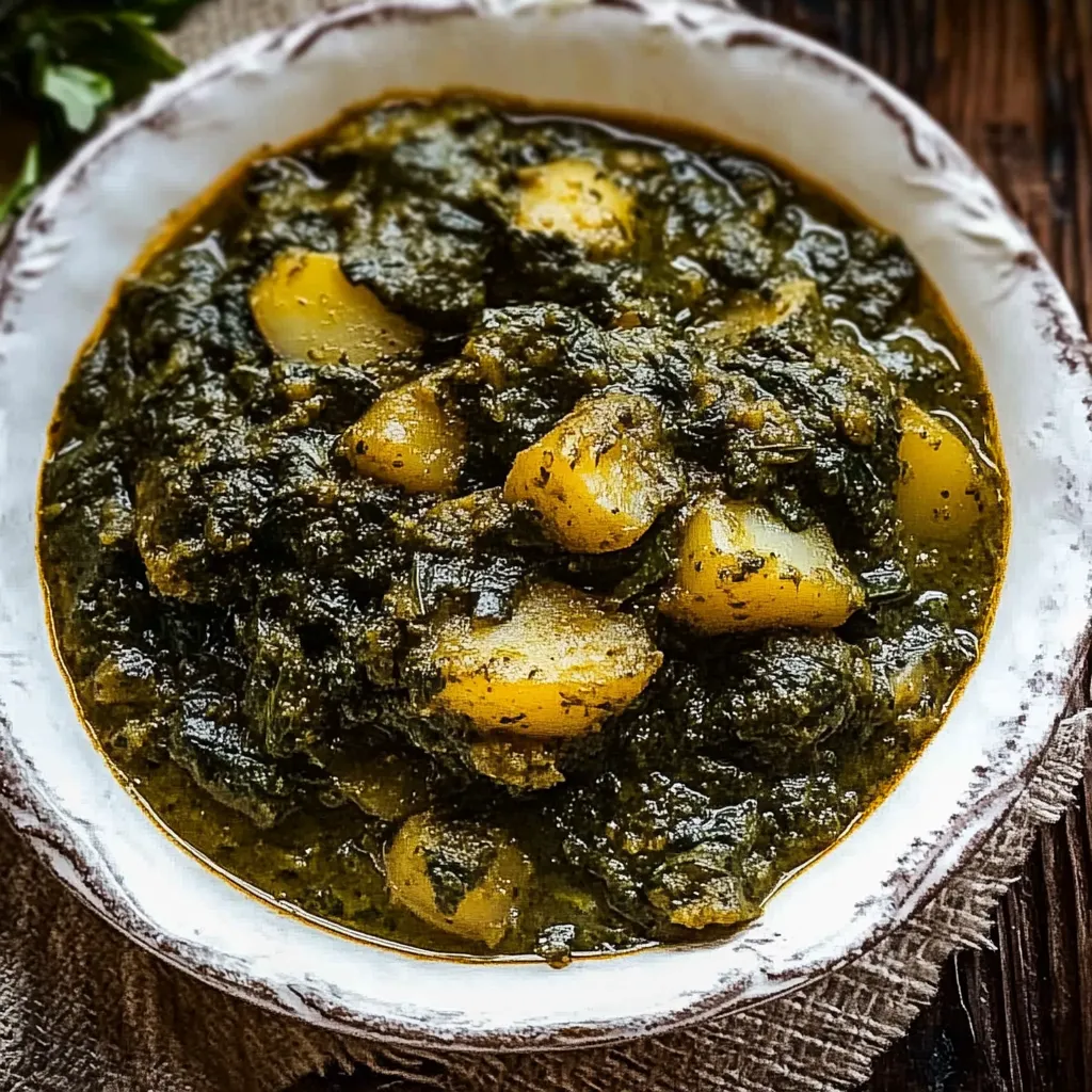 A bowl of green soup with potatoes.