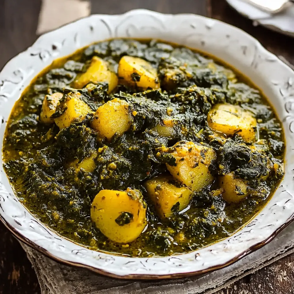 A bowl of soup with green vegetables.