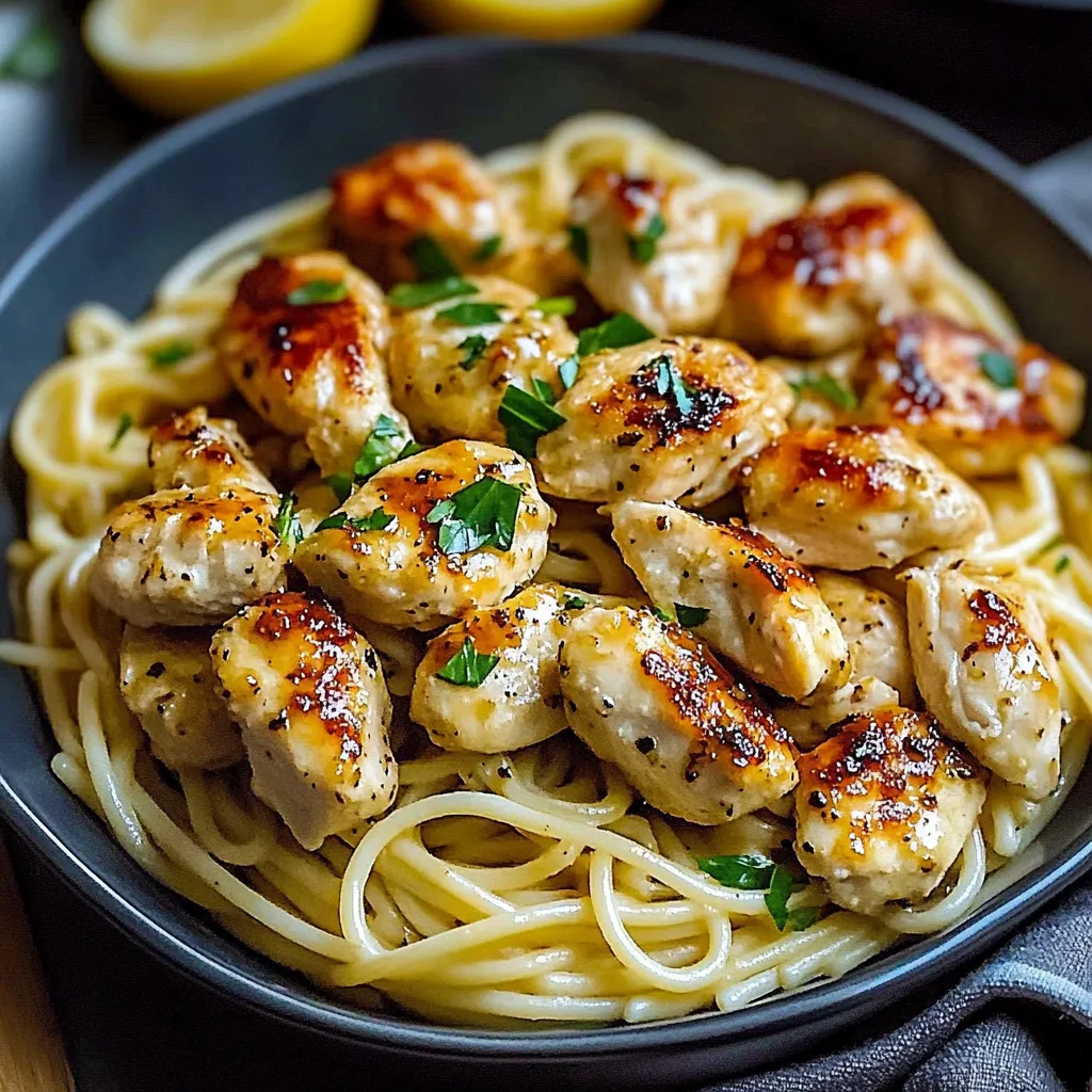A bowl of chicken and pasta.