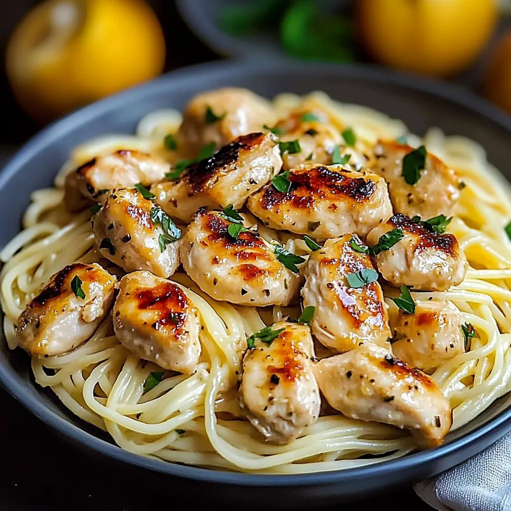 A bowl of chicken and pasta.