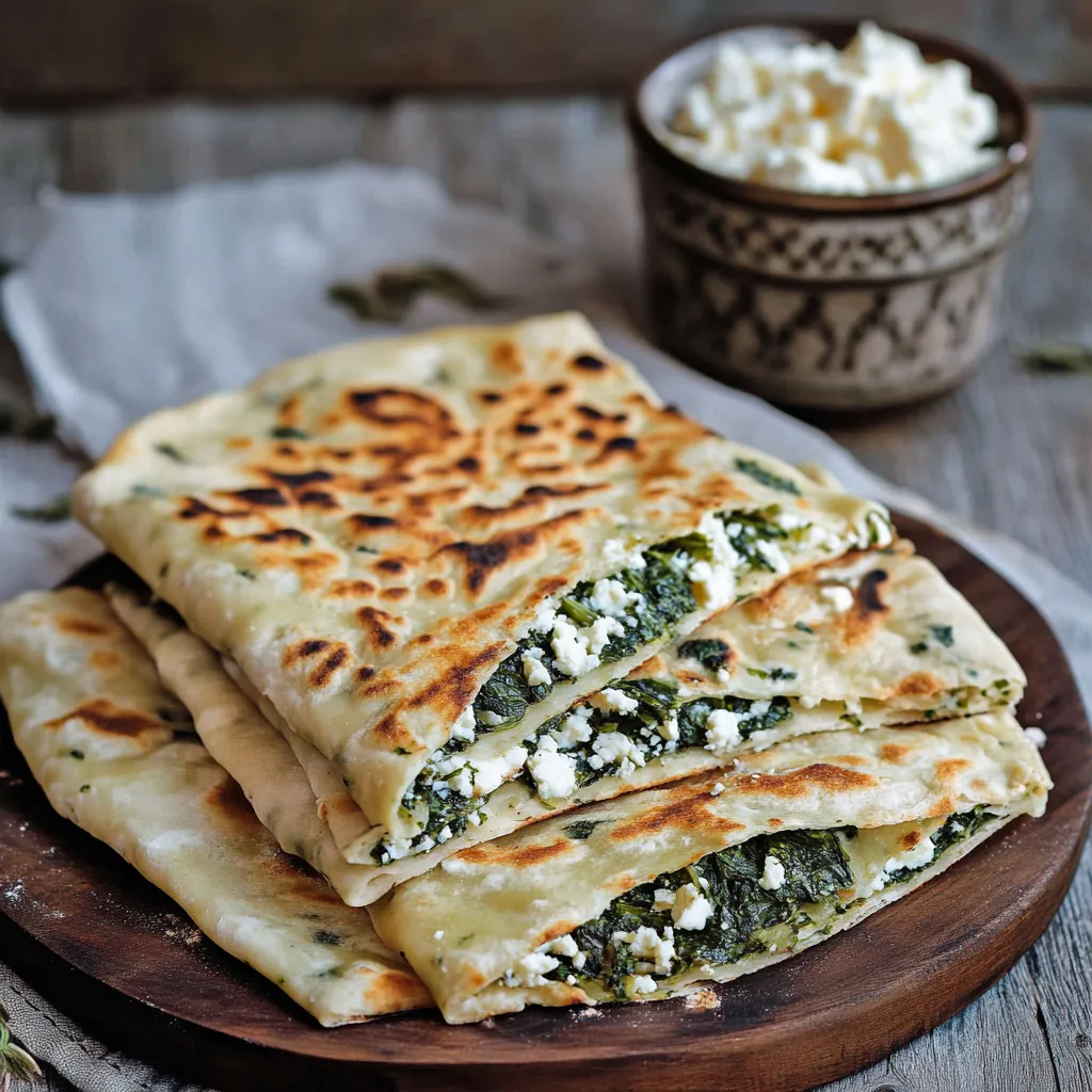 A stack of pita bread with blue cheese and spinach.