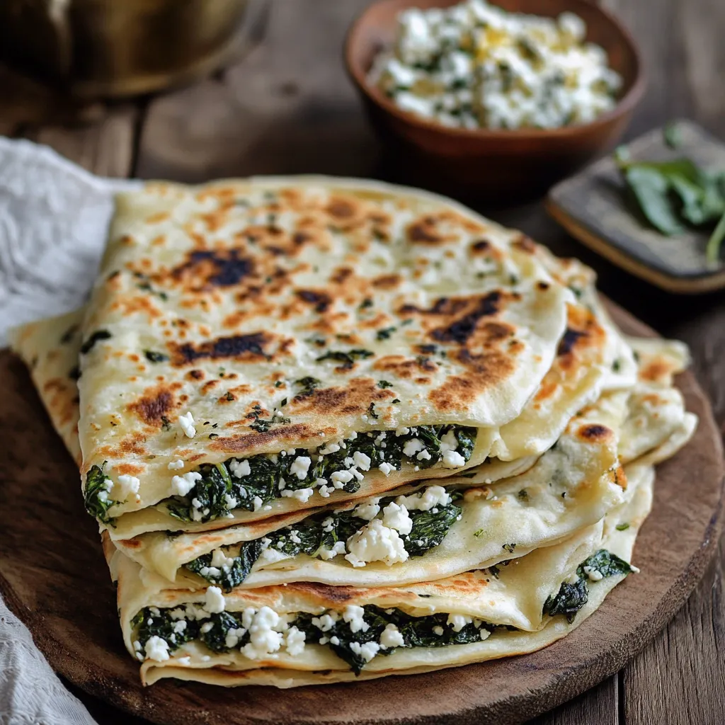 A stack of pita bread with blue cheese and spinach.