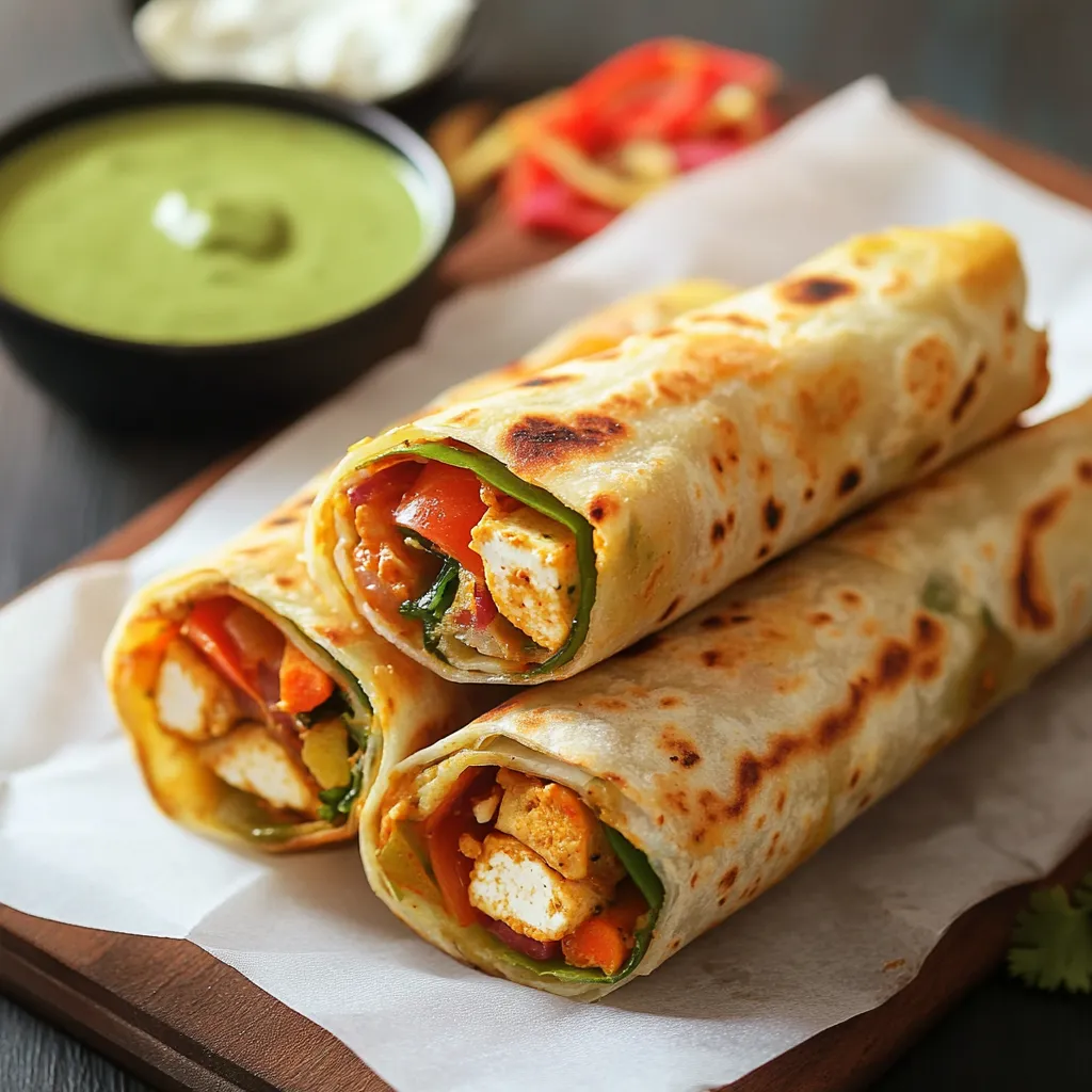 Two chicken wraps on a table.