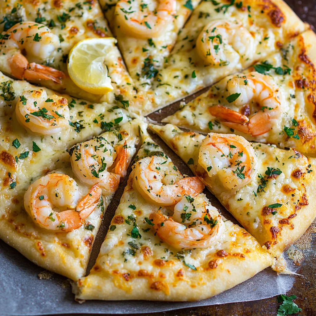 A slice of pizza with shrimp and lemon.